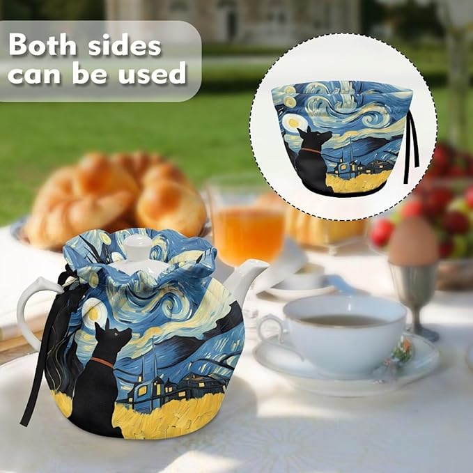 Starry Night Dog Oil Painting Breakfast Pot Cover Dust Proof Insulated Teapot Cover Keep Teapot Warm Not Easy to Pilling and Not Easy to Fade