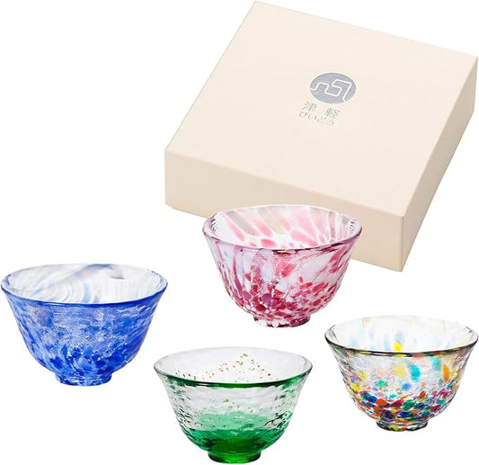 Japanese Handcrafted Sake Glass Set, Artisan Glassware for Cold Sake and Shochu, Made in Japan (Sake Cup Set (4pcs) ??Festival & Nature Series, 1.7 fl oz (50ml))