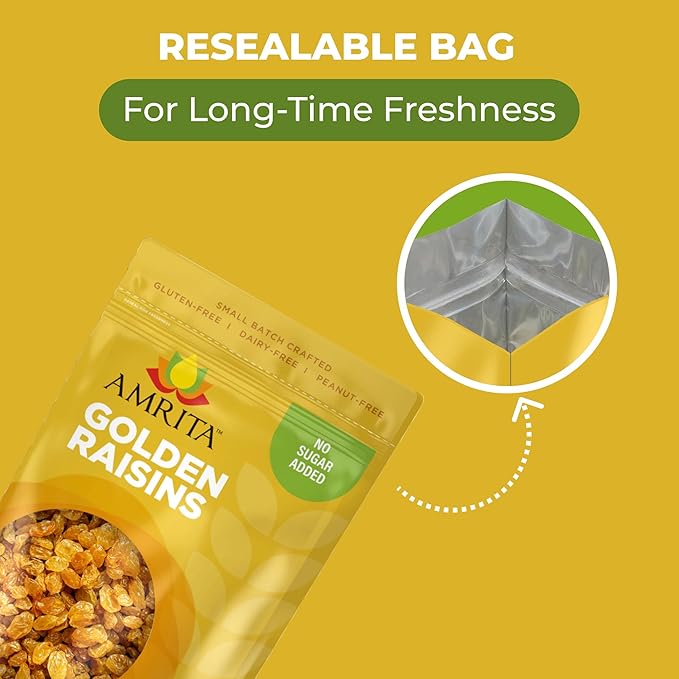 Amrita Golden Raisins 2 lb | No Added Sugar, Naturally Sweet, Gluten Free Dried Sultanas, Kishmish | Packed Fresh in Resealable Bags | Yellow and White Raisins, Vegan Snacks, Healthy Snacks