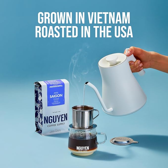 Nguyen Coffee Supply - Saigon Robusta & Arabica Blend: Dark Roast Premium Ground Coffee Beans, Vietnamese Single Origin, Direct Trade, Low Acid, High Caffeine, Roasted in Brooklyn [12 oz Bag]