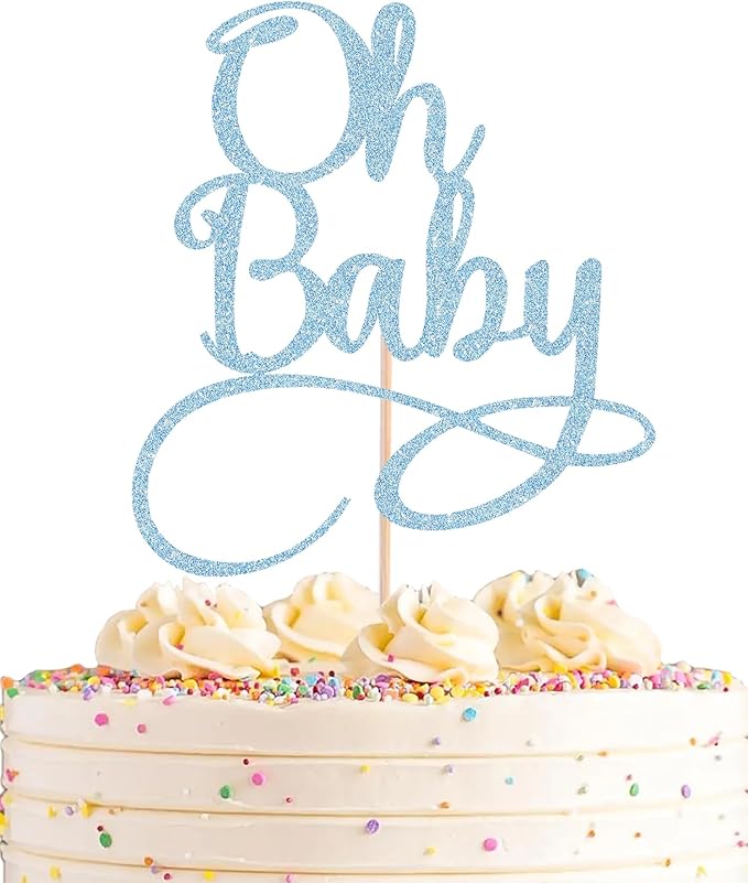 Oh Baby Cake Topper - Light Blue Glitter Baby Birthday Party Cake Decoration Supplies, for Baby Shower/Gender Reveal Party Photo Booth Props