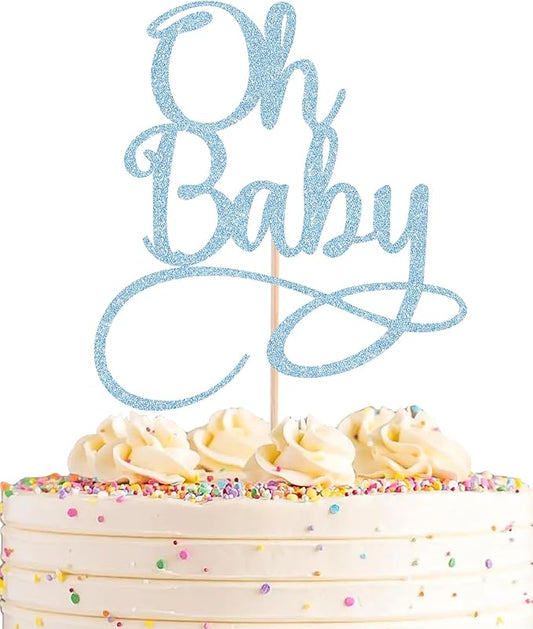 Oh Baby Cake Topper - Light Blue Glitter Baby Birthday Party Cake Decoration Supplies, for Baby Shower/Gender Reveal Party Photo Booth Props