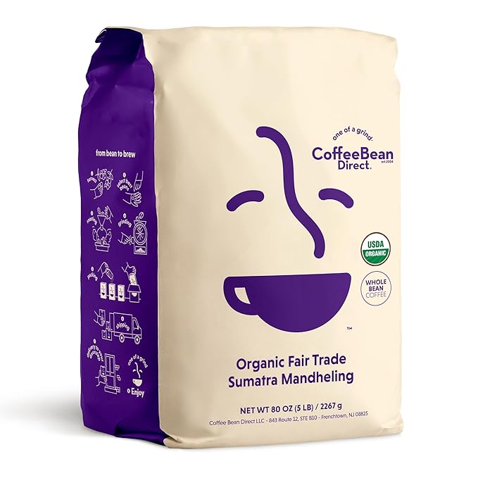 Coffee Bean Direct Organic Fair Trade Sumatra Mandheling, Whole Bean Coffee, Light Roast, 5 Pound Bag (Pack of 1)