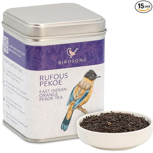 Birdsong Rufous Pekoe -Organic East Indian Orange Pekoe Tea with Malt, Spice and Wood Notes, 100% Natural Sweet Caffeinated English Breakfast Black Tea, 20 Non-GMO Plant-Based Pyramid Tea Bags