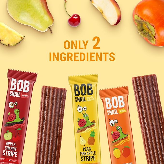 BOB SNAIL Healthy Organic Fruit Snacks for Kids and Adults ??30 Organic Fruit Leather Snacks with Persimmon, Pear-Pineapple,Cherry ??Vegan Low-Carb Variety Pack Strips for Kids ??Sugar Free Jerky Bars