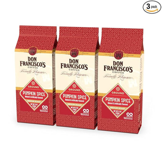 Don Francisco's Pumpkin Spice Ground Coffee, Medium Roast ??Flavored 100% Arabica, 3-Pack (12 oz Bags), Premium Coffee for Drip, Pour Over & French Press