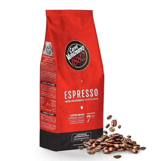 Caffe Vergnano 1882 Espresso Whole Bean Arabica Roast Coffee, 1.1 lb bag - Italian Medium Roast Coffee Beans with notes of Chocolate, Nuts & Caramel, Intensity 7/10-500g Bag