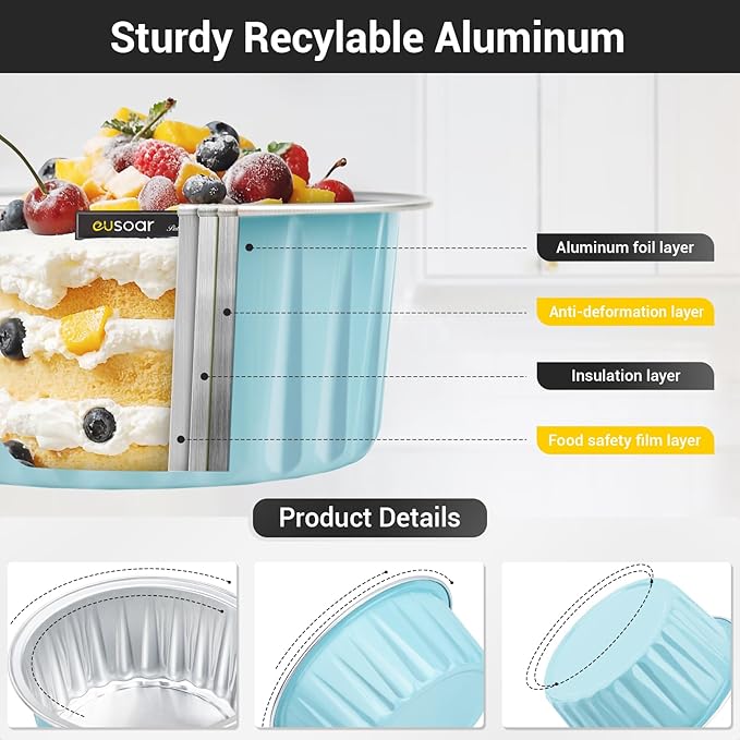 EUSOAR Disposable Ramekins with Lids, Lake Blue 25Packs 5oz Aluminum Foil Mini Muffin Liners, Dessert Cheesecake Pan Creme Brulee Cupcake Ramekins Containers for Catering Gathering Club Wedding Party
