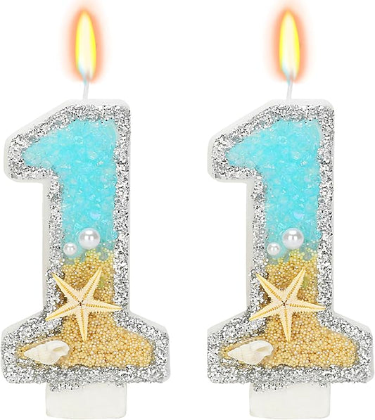 11th Birthday Candle for Cake, Beach Starfish Sequins Candles, 2.76 inch Cake Topper Decoration for Birthday Party (Number 11)