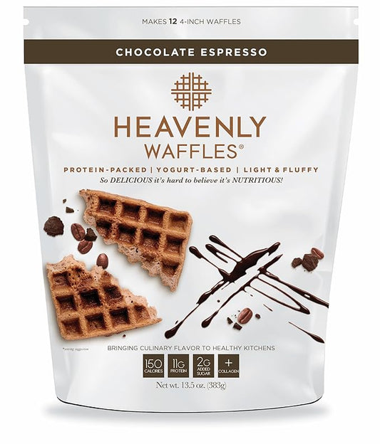 Heavenly Waffles짰 Mix, Chocolate Espresso, 11g Protein, Yogurt Based, Healthy and Nutritiously Balanced, Superior Tasting Waffles and Pancakes, 13.5 oz Pouch