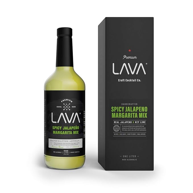 LAVA Premium Spicy Jalape챰o Margarita Mix by LAVA Craft Cocktail Co., Made with Real Jalape챰os, Agave Nectar, Key Limes, Lots of Flavor and Ready to Use, 1-Liter Glass Bottle