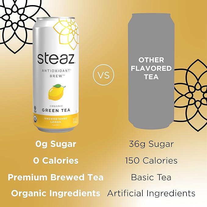 Steaz - Organic Green Tea - Unsweetened Lemon (12 Pack) - Antioxidant Brew - 65mg Natural Caffeine, Zero Sugar, 0 Calories, Vitamin C - Unsweetened Iced Tea - Vegan - 12 Cans, 16 fl oz (473mL)