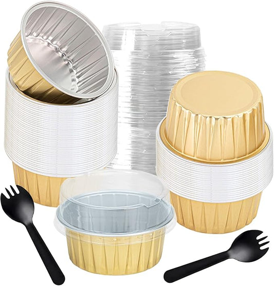 60 Pcs Mini Cake Pans with Lids,5oz Aluminum Foil Baking Cups Round Mini Disposable Ramekins 125ml Muffin Tin Ramekins Brownie Baking Cups, Dessert Cupcake Cups for Wedding Birthday Party(Gold)