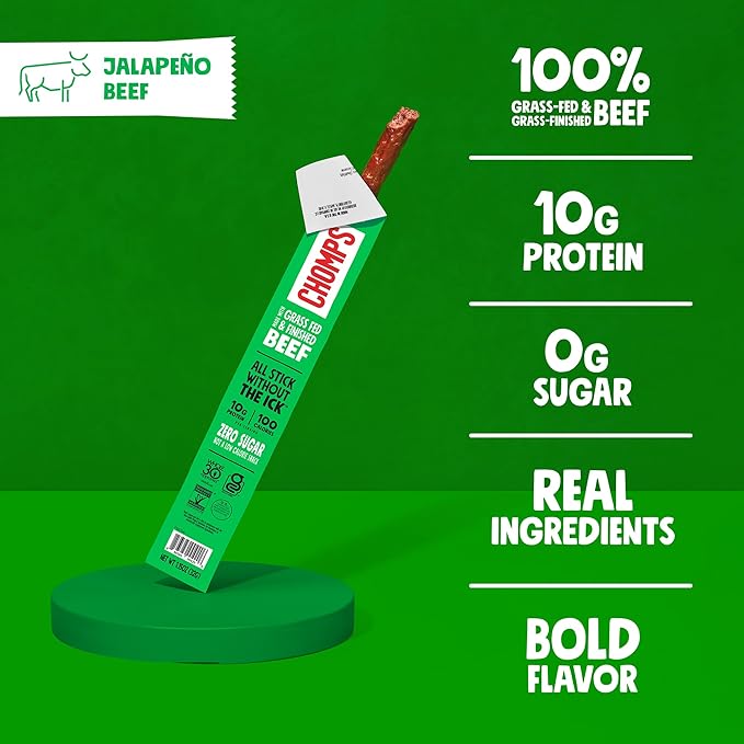 Chomps Grass-Fed and Finished Jalape챰o Beef Jerky Snack Sticks 24-Pack - Keto, Paleo, Whole30, 10g Lean Meat Protein, Gluten-Free, Zero Sugar Food, Non-GMO