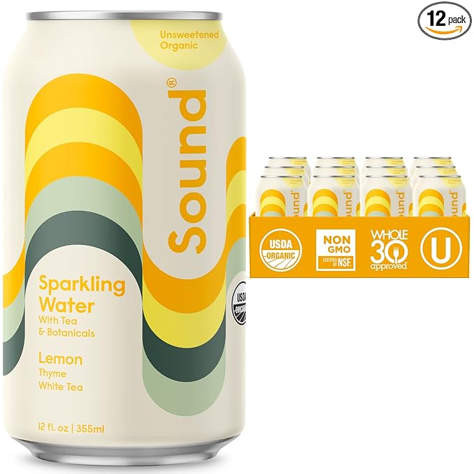 Sound Sparkling Water - Lemon w/Thyme & White Tea. Organic. Zero Calories. Zero Sugar. Non-GMO. Clean Caffeinated Seltzer Water. 12 Fl oz (Pack of 12)