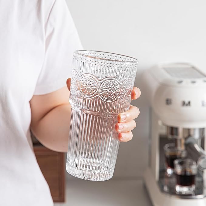 INSETLAN 20oz Ribbed & Floral Glasses Drinking Set of 6- Clear Glass Tumbler, Reusable Glass Cups for Iced Coffee, Water, Beer, Smoothies, Tea, and Juice ??Perfect for Party and Daily Use