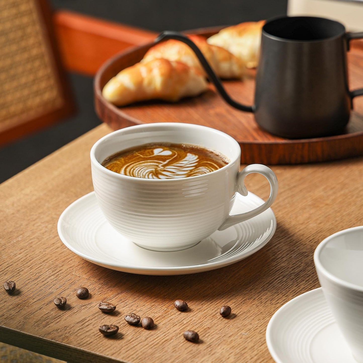 Feenmai 12 oz Cappuccino Cups with Saucers, Ceramic Espresso Coffee Cups Set of 4, White Latte Cup