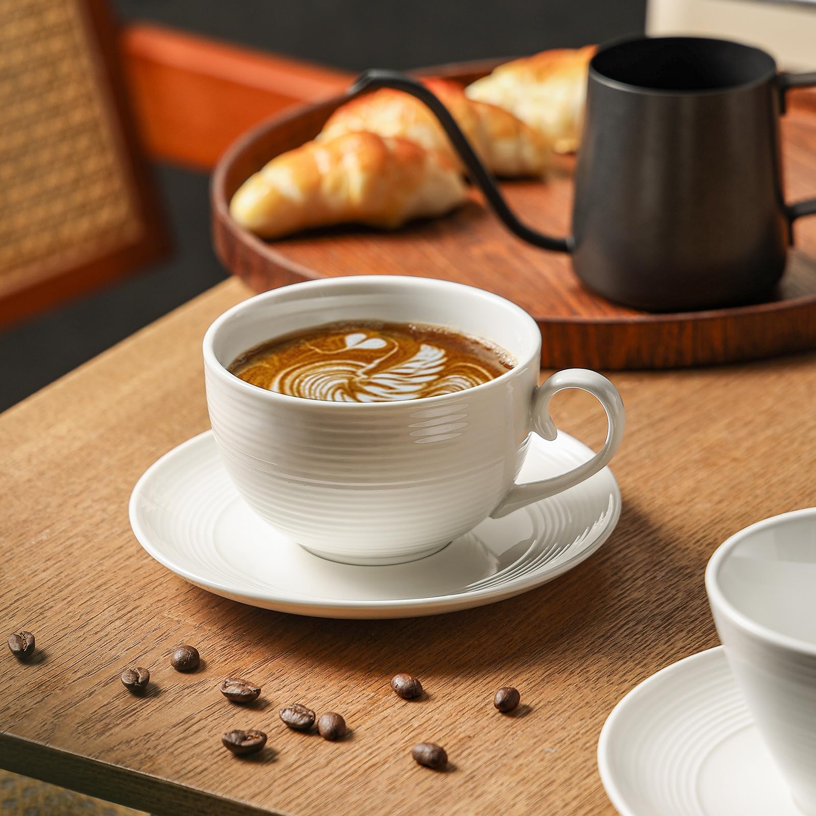 Feenmai 12 oz Cappuccino Cups with Saucers, Ceramic Espresso Coffee Cups Set of 4, White Latte Cup
