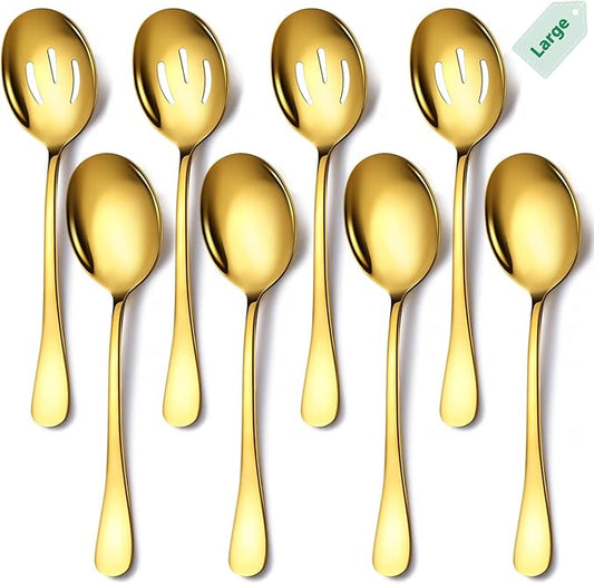 Stainless Steel Serving Spoons Set, 8pc, 10-Inch, Includes 4 Large, 4 Slotted, for Parties/Kitchen/Buffet/Catering, Dishwasher Safe, Gold