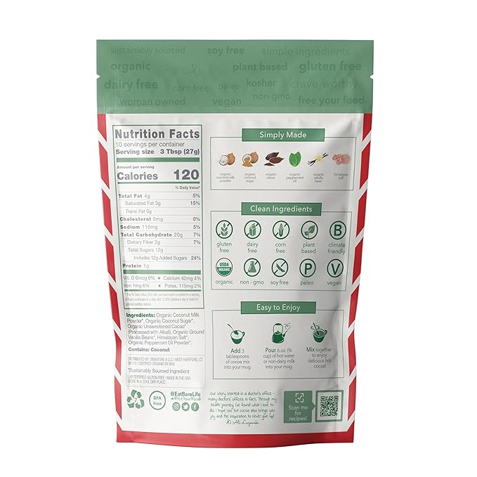 Bare Life: Instant Dairy Free Peppermint Hot Cocoa Mix - 10 Serving Pouch | Gluten Free, Vegan, Organic, Plant Based, Paleo, Soy Free, Corn Free, Lactose Free, Refined Sugar Free, Hot Chocolate, 9.52 oz.