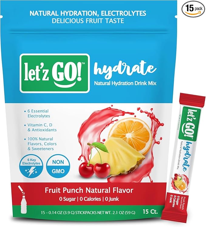 Let'z Go! Hydrate- Natural Hydration + Electrolyte Drink Mix- Hydration + Electrolytes + Antioxidant Powder Packets, Natural Flavors, Vitamins C + D | No Sugar | No Calories | (15 Count) Fruit Punch