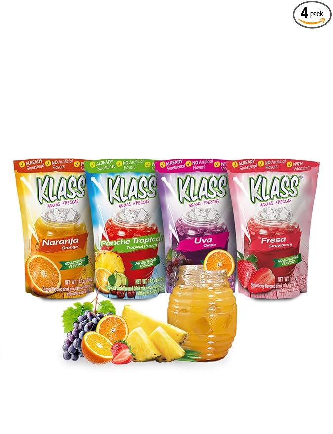 Klass Aguas Frescas | Drink Mix Tropical Variety Pack | Strawberry , Grape, Tropical Punch & Orange Drinks Flavors | From Natural Sources, No Artificial Flavors, With Vitamin C (Makes 7 to 9 Quarts) 14.1 Oz Family Pack (4-Pack)