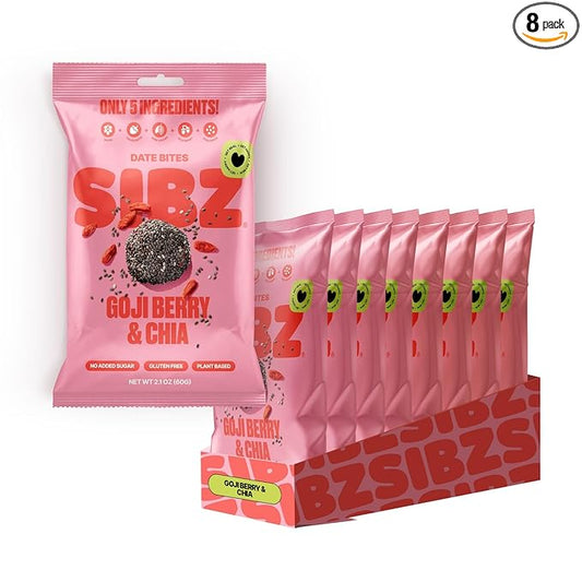 SIBZ Date Bites Goji Berry & Chia Seed - All Natural, Gluten Free, Non GMO, Plant Based, No Added Sugar (2.1oz, Pack of 8)