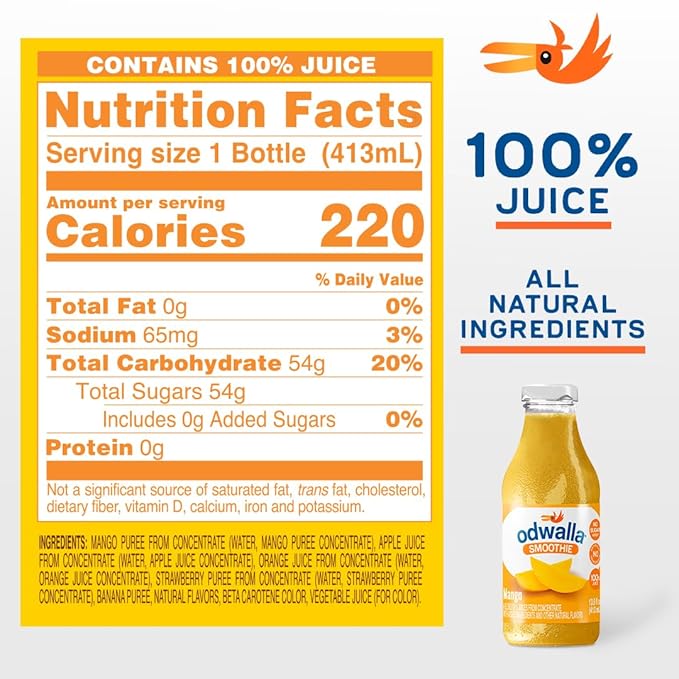 Odwalla Mango Smoothie - Fruit Smoothie Mix Ready to Drink - Juice Blend, No Added Sugar, No Preservatives, Kosher - 13.9 oz Glass Bottles (12 Pack)