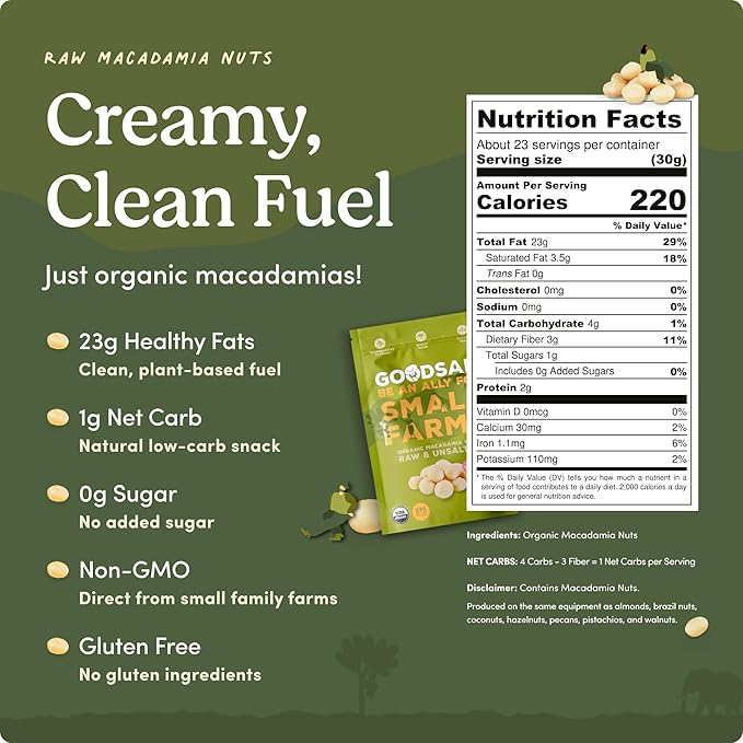 goodSAM Organic Raw Macadamia Nuts – Unsalted, Whole Nuts – Buttery Creamy Flavor – Sustainably Grown on Regenerative Family Farms – High Fat Low Carb Keto Friendly Snacks - 1.5lb Pouch