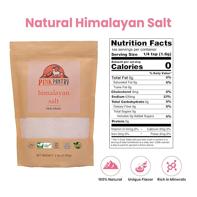 Pink Pantry Himalayan Pink Salt, 100% Pure Himalayan Salt, Non-GMO, Kosher Certified, No Additives, Ideal for Cooking, Seasoning & Gourmet Dishes, Rich in Trace Minerals, 2lb Pouch, Fine Grain