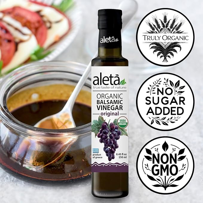 Aleta Farms Balsamic Vinegar, USDA Organic, Aged Flavored Vinegar, Perfect for Salad Dressings, Pasta, Desserts & Cocktails, Glass Bottle, 8.45 fl oz (Plain)