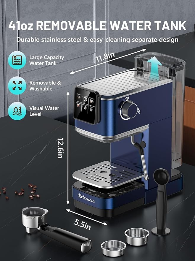 Espresso Machine, 20 Bar Espresso Maker Milk Frother & LCD Panel, Hot & Iced Coffee Machine, Stainless Steel Espresso Coffee Machine with 41oz Water Tank for Cappuccino, Latte