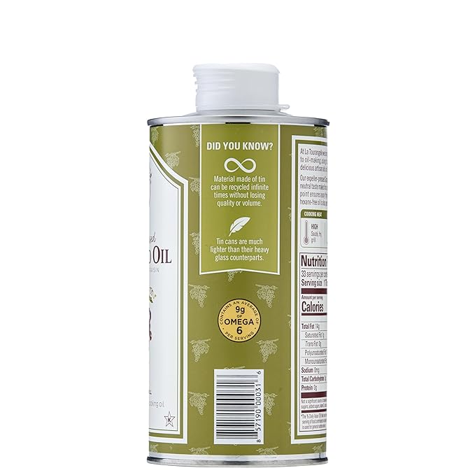 La Tourangelle, Expeller-Pressed Grapeseed Oil, High Heat Neutral Cooking Oil, Cast Iron Seasoning, Also Great for Skin, Hair, and DIY Beauty Recipes, 16.9 fl oz