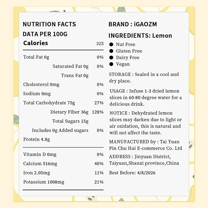 iGAOZM Dehydrated Dried Lemon Slices,3.52oz/100g,No Sugar Added,Natural Dried Lime Slices,Dehydrated Fruit for Cocktails Garnish,Craft Decoration,DIY
