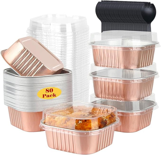 LNYZQUS 10oz/80pack Mini Cake Tins with Lids, 4?�x4??Mini Foil Pans Disposable Brownie Baking Cups, Small Aluminum Bread Muffin Pan Jumbo Cupcake Containers Holders-Champagne