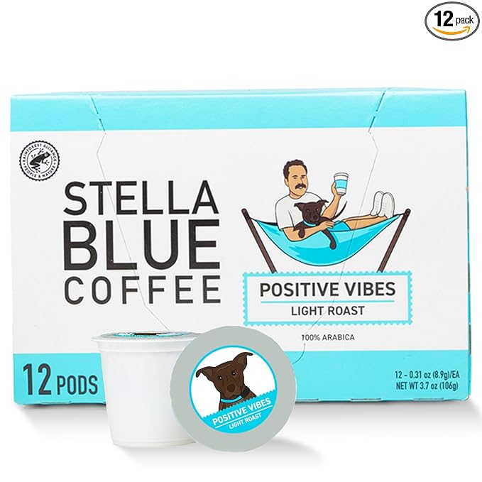Stella Blue K Cups Coffee Pods, Positive Vibes Blend, Light Roast, Vanilla and Fruitiness Notes, 100% Arabica, Ethically Sourced from Central & South America, 12 Single Serve Recyclable Pods