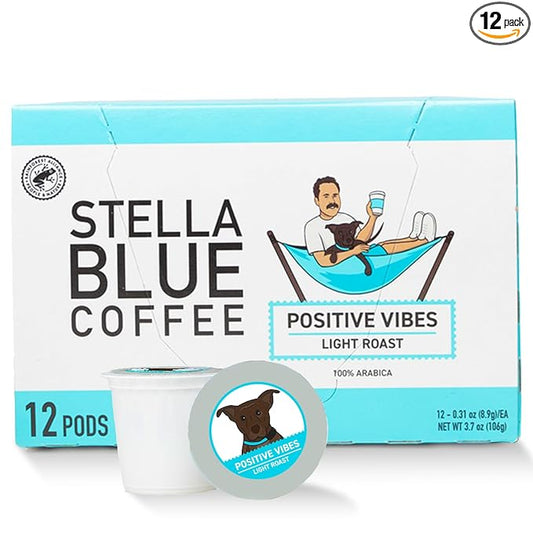 Stella Blue K Cups Coffee Pods, Positive Vibes Blend, Light Roast, Vanilla and Fruitiness Notes, 100% Arabica, Ethically Sourced from Central & South America, 12 Single Serve Recyclable Pods