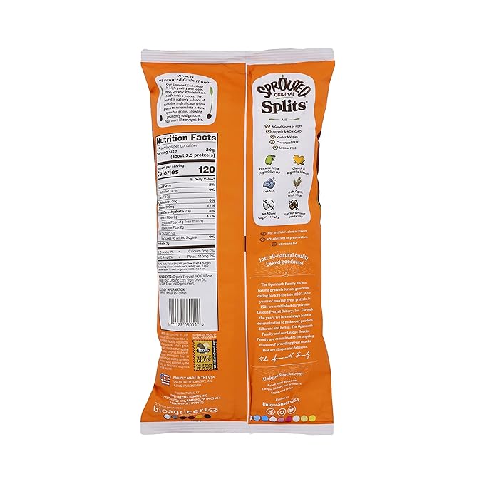 Unique Snacks Sprouted Splits Pretzels, Sprouted Pretzels, Delicious Homestyle Baked Snack Bag, OU Kosher, and Non-GMO Food, No Artificial Flavor, 8 Oz. Bag, Pack of 12