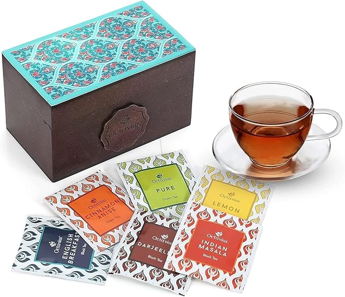 Octavius Assorted Tea Gift Set | 6 Assorted Black & Green Teas | 30 Teabags | Wooden Tea Sampler Pack w/Ornate Floral Design | Pack of 2