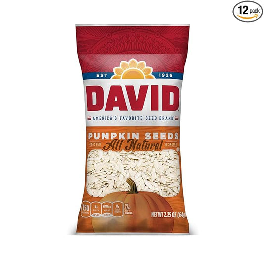 DAVID Roasted and Salted Pumpkin Seeds, 2.25 oz, 12 Pack