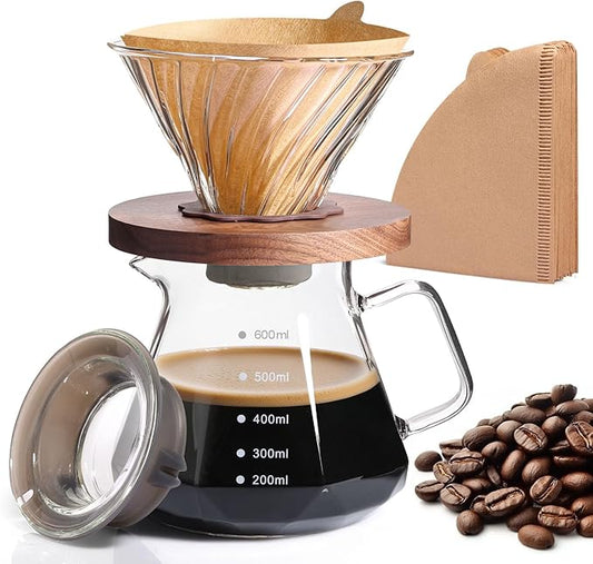 Pour Over Coffee Maker, Borosilicate Glass Drip Coffee Maker with Reusable Stainless Steel Filter and Cork Grip for Home Caf챕 (Walnut Collar, 20 OZ)