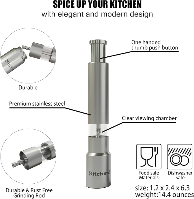 Modern Thumb Click Salt and Pepper Grinder with Refillable Peppermill - Perfect for Himalayan Salts, Black Pepper, Sea Salt, Peppercorns, Spices Push Button for 1 hand operation (set)