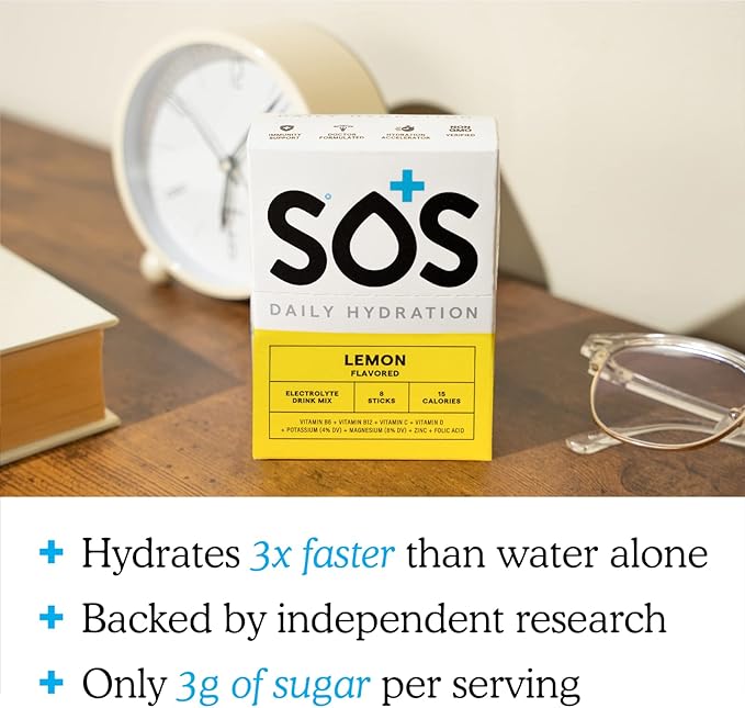 SOS Hydration Electrolyte Powder 8 Stick Packs ??Low-Calorie, Rapid Rehydration, Made in USA, Keto (8 Servings, Lemon)