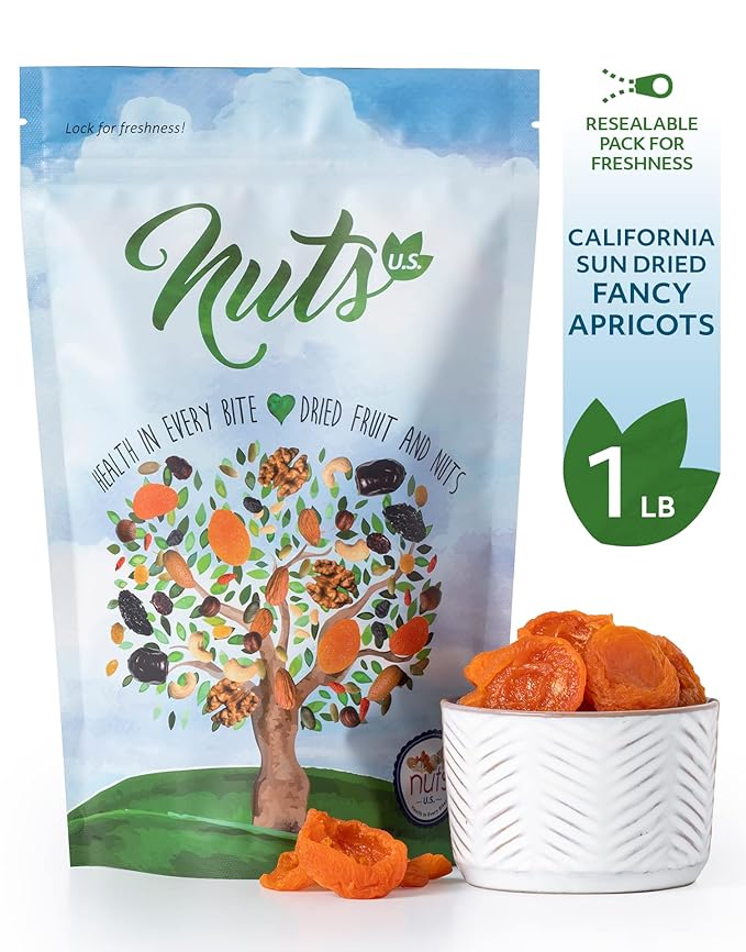 NUTS U.S. - California Sun Dried Fancy Apricots | Juicy and Tangy Flavor | No Sugar or Color Added | Gluten Free and NON-GMO | Apricots In Resealable Bags (1 LB)
