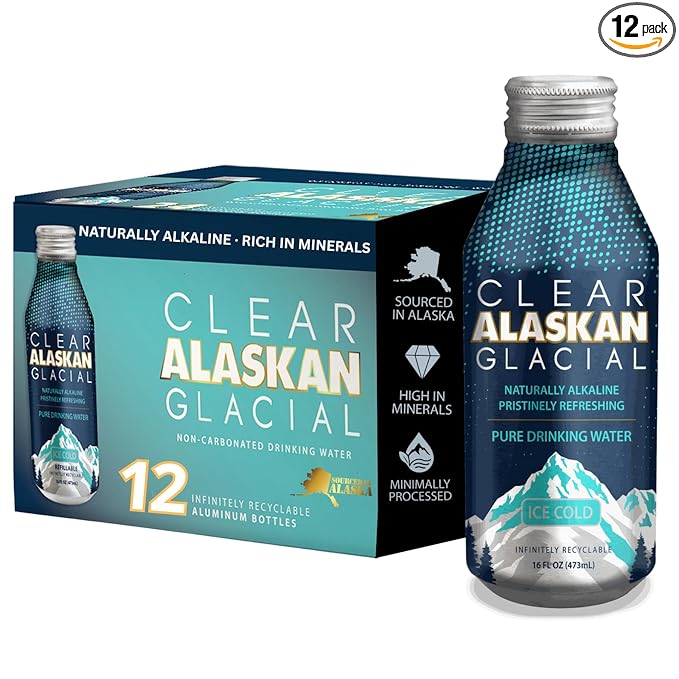 Clear Alaskan Fresh Glacier Water, Naturally Alkaline - Bottled in Aluminum with No Plastic | 16 Fl Oz (473 ml) - Pack of 12 | Natural glacial mineral water, bottled at the source in aluminum bottles