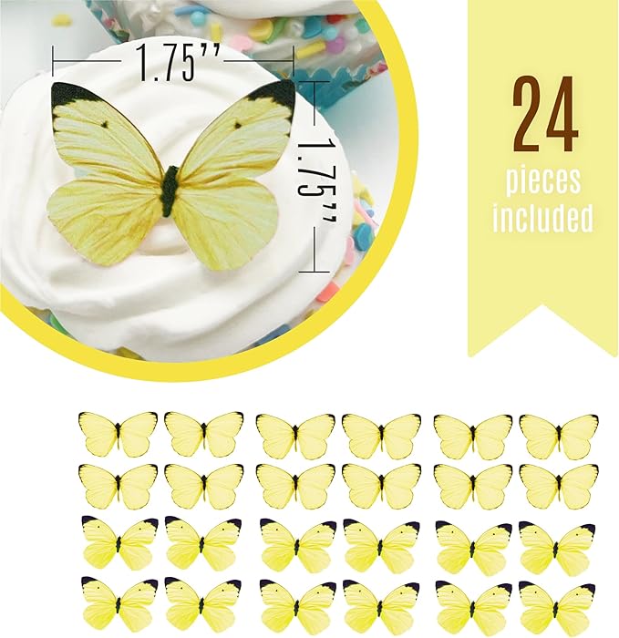 Sugar Robot Edible Butterflies for Cake Decorating - Small Pastel Yellow Butterfly Cake Toppers and Cupcake Toppers - Decoration Made in the USA - Premium Crafted (Yellow)