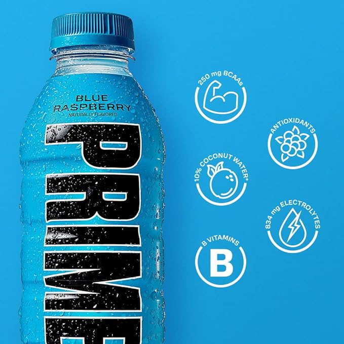 PRIME Hydration BLUE RASPBERRY, Sports Drinks, Electrolyte Enhanced for Replenishing Fluids, 250mg BCAAs, B Vitamins, Antioxidants, Low Sugar, 16.9 Fl Oz, 12 Pack