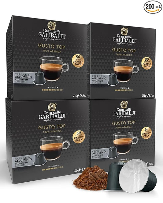 Gran Caffè Garibaldi Espresso Pods, Italian Roasted Compatible Nespresso Original Line Machines, 100% Arabica Blend, Brazilian & Central American Beans, Cocoa Aroma - Gusto Top (Aluminum) 200 Cups