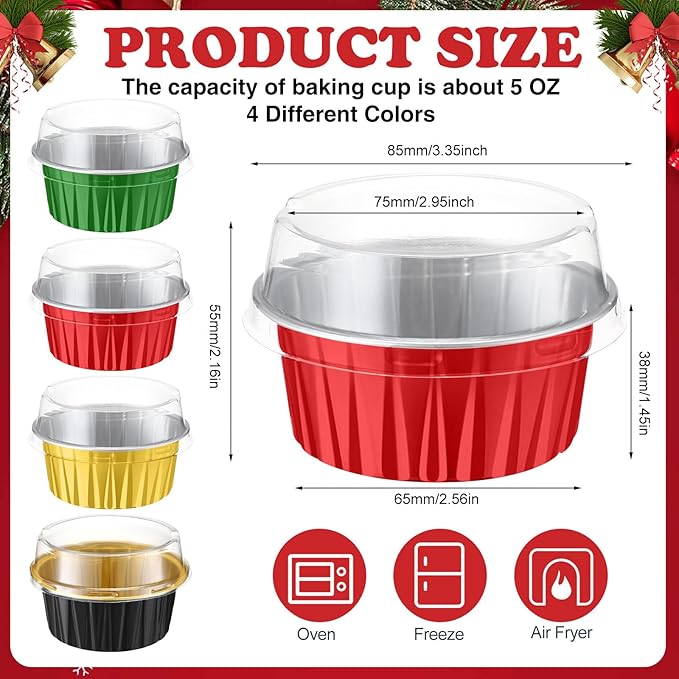 Gejoy 400 Pcs Aluminum Foil Baking Cups with Lids 5 oz Disposable Ramekins Mini Cake Pans Creme Brulee Cupcake Liners Muffin Tins Flan Mold Dessert Container for Wedding(Multicolor,Classic)