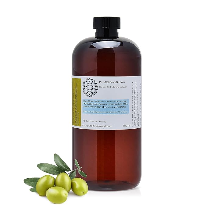 PureC60OliveOil C60 Organic Olive Oil 500ml / 16.9 Fl Oz - 99.95% Carbon 60 Solvent Free 400mg - Food Grade - BUCKMINSTERFULLERENE Carbon 60 Olive Oil - from The Leading Global Producer